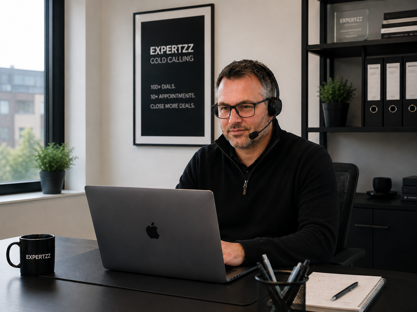 Dirk am Schreibtisch mit Headset — professionelles B2B-Cold-Calling